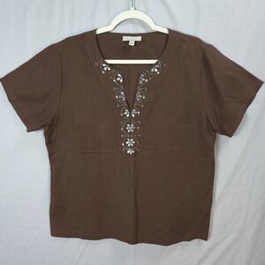 Bogari Brown Linen Blend Beaded Blouse Women L Boho Short Sleeve Earthy Neutral